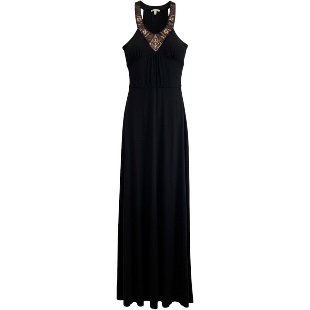 6 Degrees Black Beaded Floral V-Neck Maxi Dress Sleeveless MD1703-H Womens L